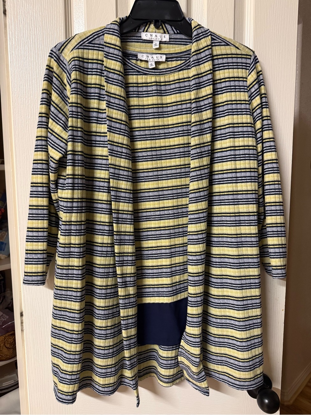 Chaus Yellow & Navy Striped Open Cardigan Set